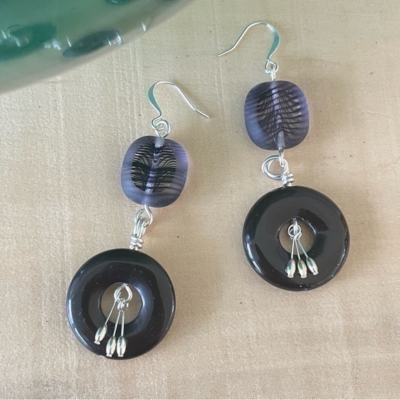 Whimsical Turtle Jewelry - 2/$29 Handmade Obsidian Glass Dangle Earrings Black Purple Stripe Silver